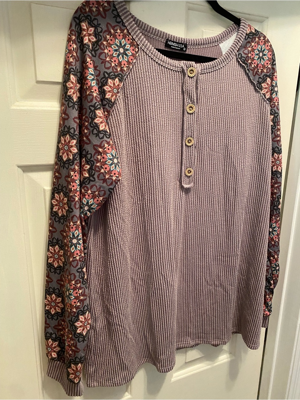 HEIMISH USA 2x Lilac Waffle Knit Henley with Wooden Buttons Floral Sleeves